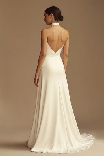 White Halter Satin Backless A Line Long Wedding Dress